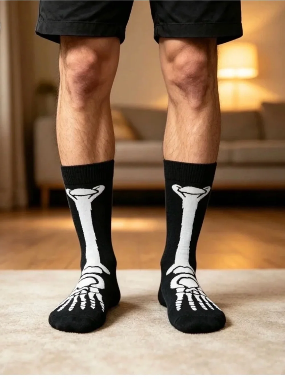 Men's Black Crew Socks with White Skeleton Bone Design